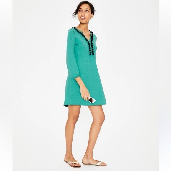 BODEN Carina Cotton Jersey Navy Pom Pom Tunic Mini Sheath Teal Dress Size 14R - Picture 2 of 10